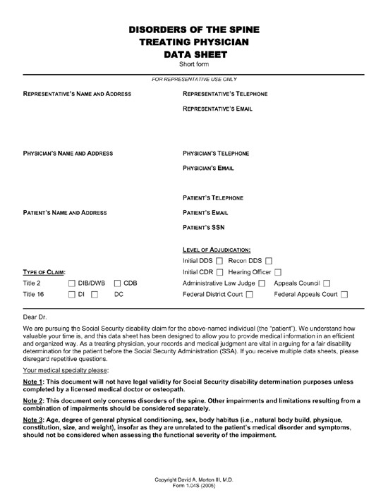 Disorders of the Spine Treating Physician Data Sheet Disorders of the Spine Treating Physician Data Sheet